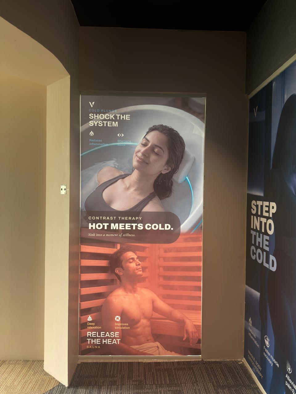 Hot Meets Cold, contrast therapy room with cold plunge and sauna at VAURA Wellness